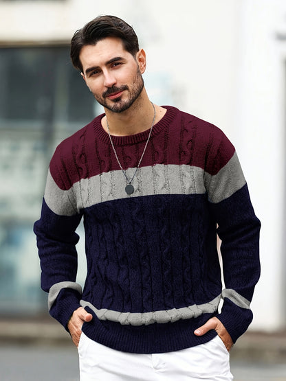 Men's Autumn/Winter Casual Color-Block Twist-Knit Pullover Sweater