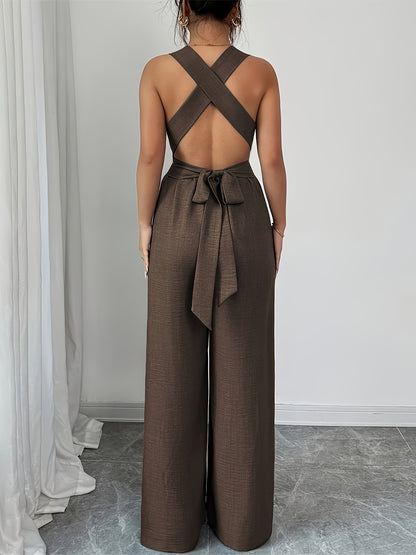 Elegant Women’s V-Neck Polyester Jumpsuit with Belt and Wide Legs