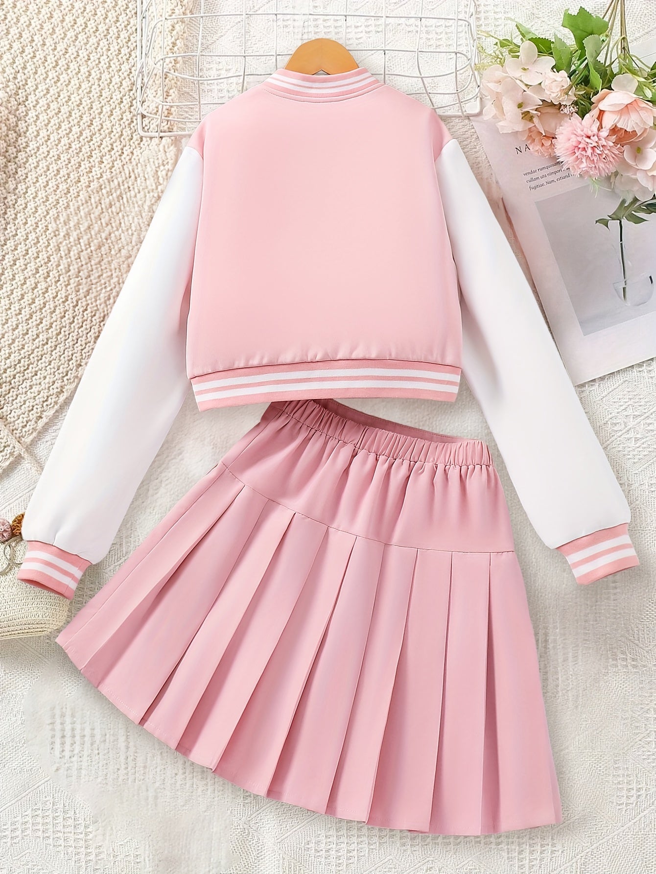 Girls' Preppy Baseball Collar Top and Pleated Skirt Set