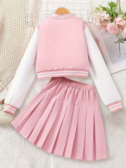 Girls' Preppy Baseball Collar Top and Pleated Skirt Set