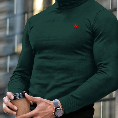 Men'S High-Neck Knitted Sweater | Slim Fit Pullover with Embroidered Spurs Design, Soft and Comfortable, Rayon Fabric, Fall/Winter Collection