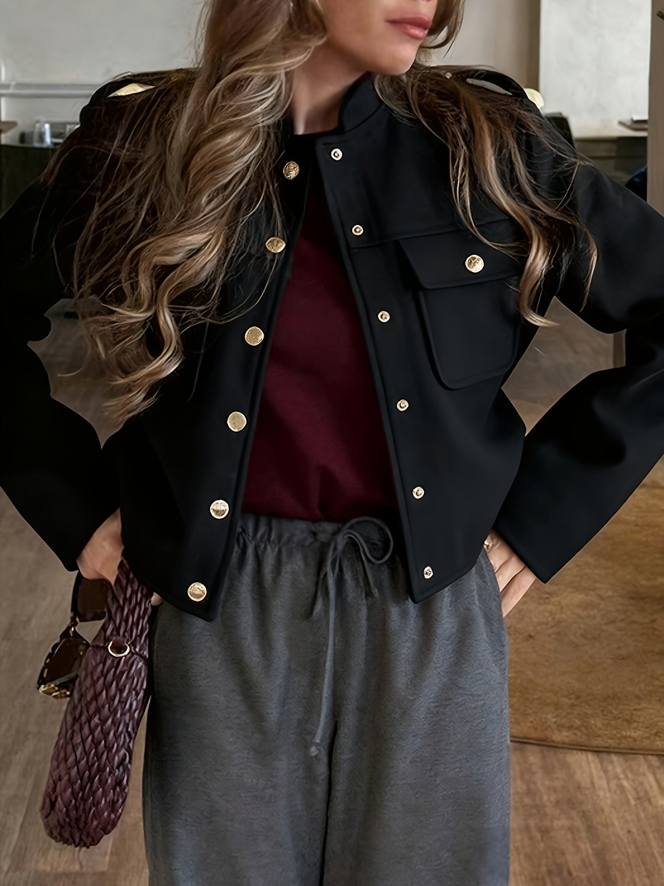 Women's Burgundy Red Jacket with Golden-Tone Button Closure - Structured Collar & Tailored Fit Casual Coat for Fall, Office, Semi-Formal Events - Machine Washable Outerwear (No Stretch)