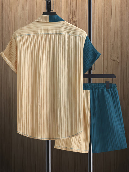 Men'S Casual Summer Polyester Shirt and Shorts Set, Regular Fit, Color Block, Lapel Collar, Slight Stretch Fabric, Lash Sets, Active Wear