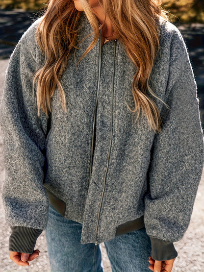 Women'S Elegant Casual Baseball Collar Jacket - Long Sleeve Zip-Up Coat with Asymmetrical Hem, Non-Stretch Fabric, Regular Fit for Spring/Fall, Casual Outerwear, Spring Fall Clothing, Chic Layering Piece, Durable Construction