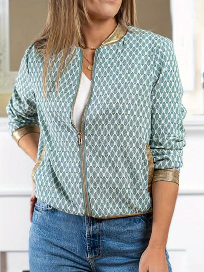 Elegant Special Women'S Fashion Plaid Golden Rimmed Long Sleeve Baseball Jacket