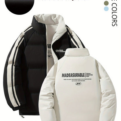 Men'S Double-Sided Winter Jacket - Thickened Stand Collar, Zip-Up Casual Long Sleeve Coat with "MADEASURABLE" & "I CONUT" Branding, Black & White, Regular Fit for Autumn & Winter, Autumn Outerwear, Bold Lettering, Durable Fab
