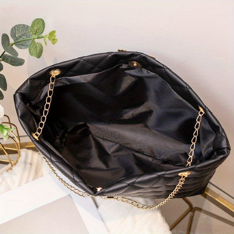 1pc Women's Large Capacity Bucket Bag - Chunky Chain Strap Shoulder Bag with Buckle Closure, Armpit/ Grid (Choose), Casual to Dressy Tote Suitable for Women