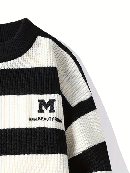 Men's 2025 Autumn/Winter Striped Sweater for Youth with Color Block Round Neck Casual Warm Knitwear