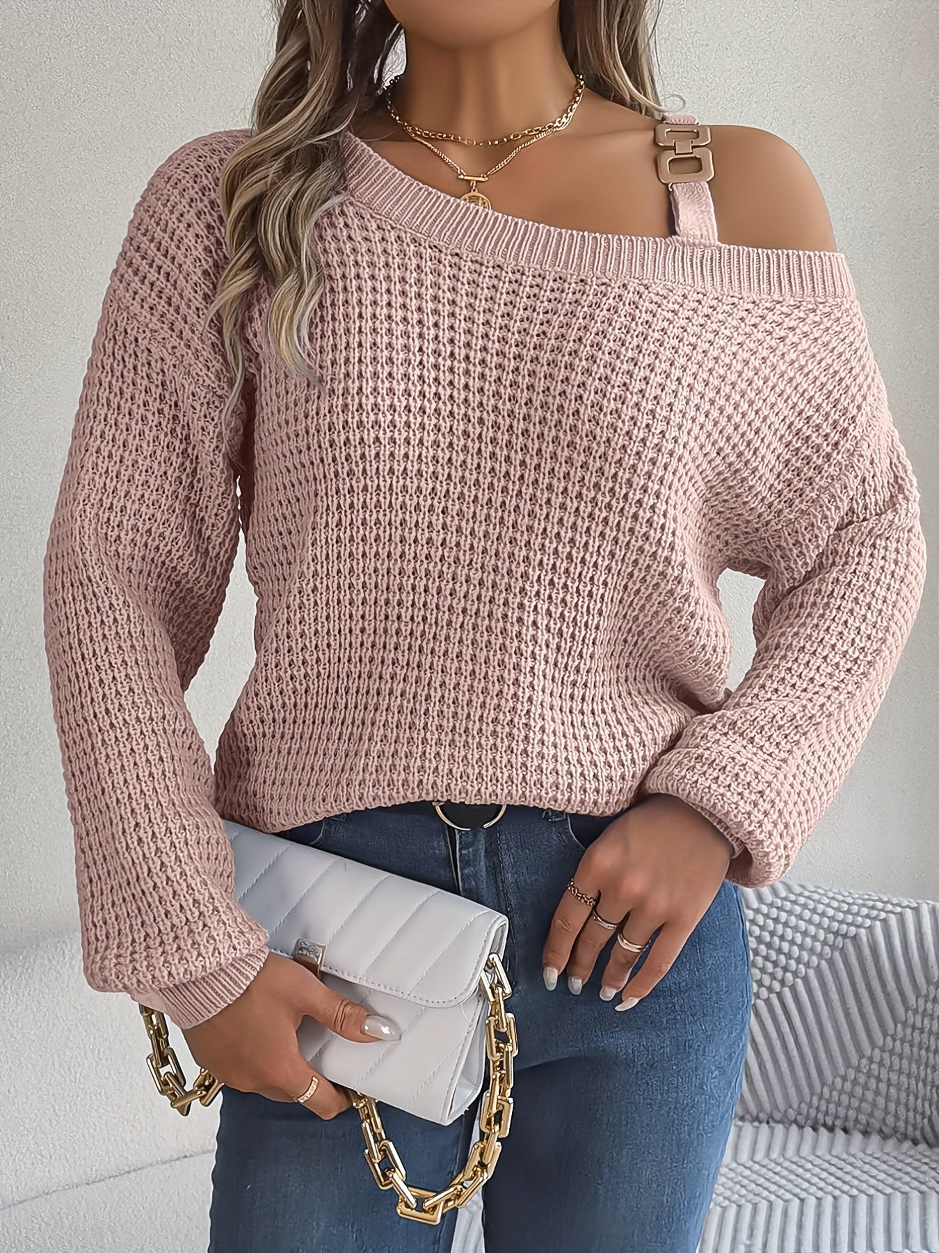 Casual And Versatile Long-Sleeve Sweater with Shoulder Cutouts And Metal Buttons for Autumn And Winter.