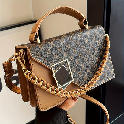 LABOONOO Geometric Chain-Link Handle Small Square Handbag - Handbag with Adjustable Strap, Zipper Closure & Polyester Lining, Deep Brown/Grey/White for Casual & Formal Occasions, Small Handbag, Versatile Purse, Decorative Cha