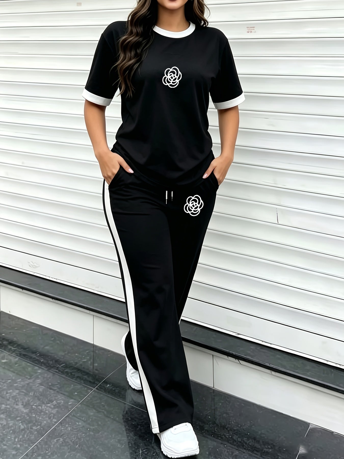 Women's Casual Color-Block Print Short Sleeve Top & Pants Set