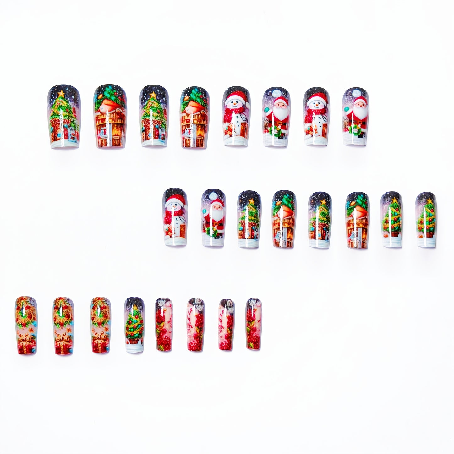 Christmas 24pcs Medium-Length Glossy Red Santa Claus and White Snowman Detachable False Nails, Contrast Color Press-On Manicure Stickers for Holiday Daily Party Wear, Festive Manicure, Seasonal Nail Art, Glossy Finish, Festiv