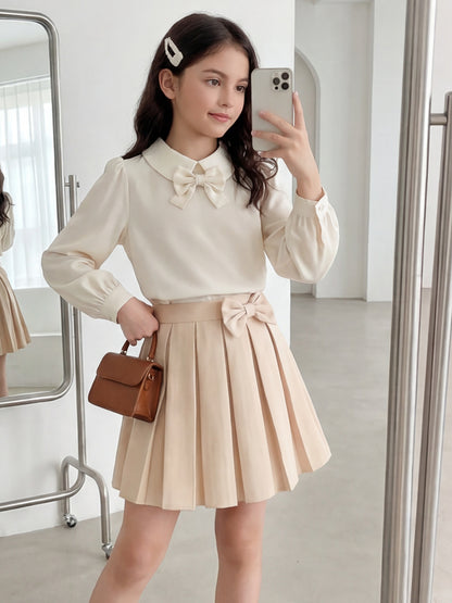 Girls' Elegant Apricot Puff Sleeve Shirt & Pleated Skirt Set