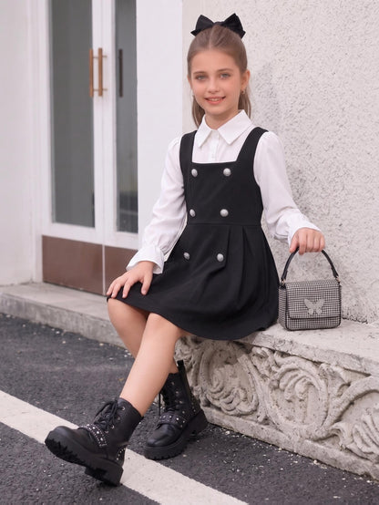 Girls A-Line Midi Dress with Ruffled Cuffs & Collared Shirt Style