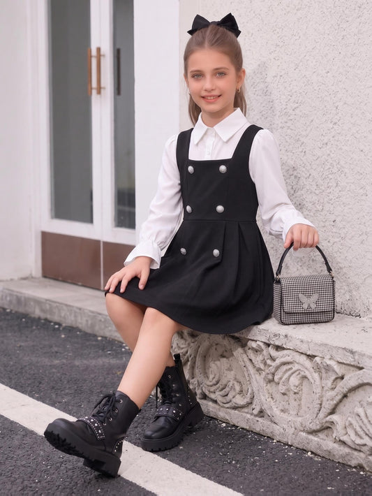 Girls A-Line Midi Dress with Ruffled Cuffs & Collared Shirt Style