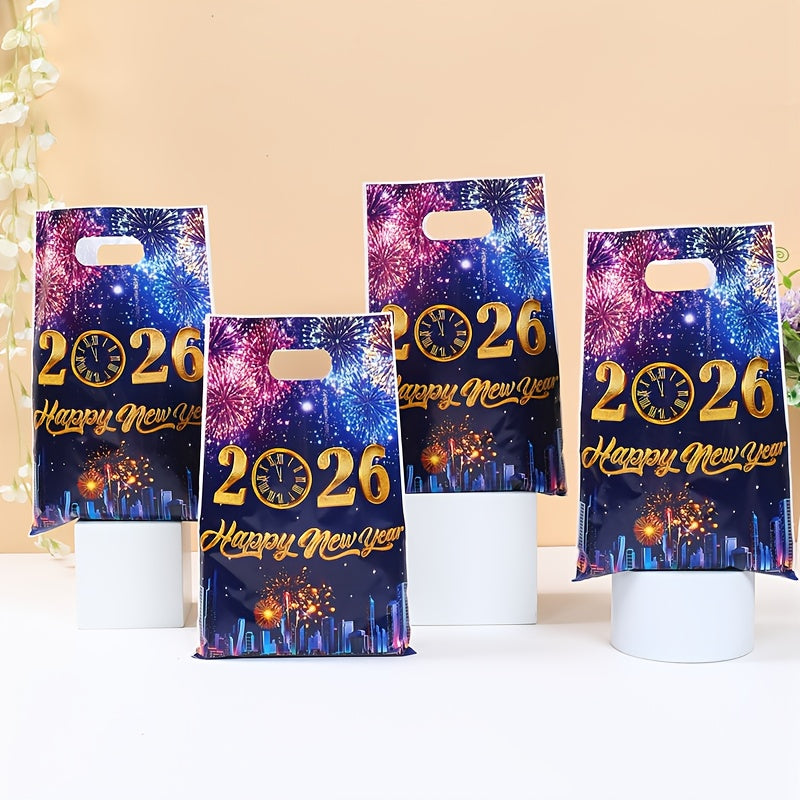 10/25/50pcs FengRise 2026 Happy New Year Fireworks Countdown Clocks Gift Bags - Vibrant Fireworks & Cityscape Design, Durable Plastic Party Favor Bags for New Year'S Eve, Birthday, Wedding Decorations, New Year Gifts, Festive