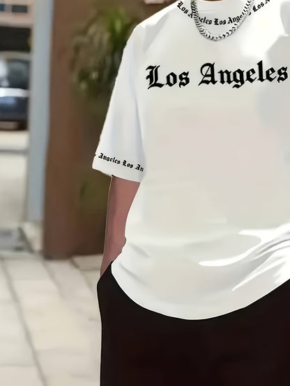 Los Angeles English Pattern Men's Short Sleeve Shirt + Casual Sport Set, Breathable Soft Summer Outfit with Pocketed Shirt and Drawstring Shorts