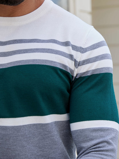 Men's Casual Comfort Knit Sweater, New Spring/Autumn Round Neck Base Layer Three-Stripe Contrast Color Pullover