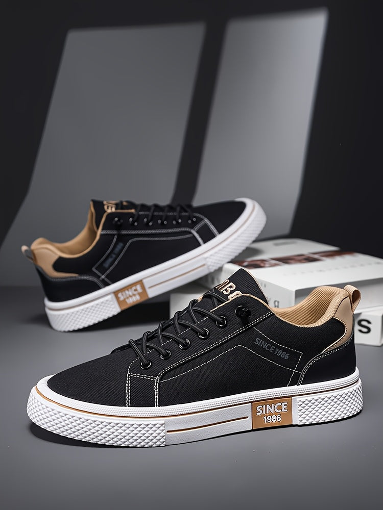 Men's Casual Low-Top Sneakers - Breathable Fabric  Durable PVC Sole, Black  Beige Contrast Design, Lace-Up Round Toe for All-Season Comfort, Versatile for Casual  Semi-Formal Wear, Comfortable Footwear, Fabric Upper