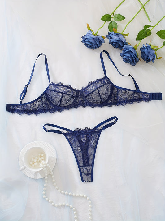 Sexy Lace Eyelash Strappy Lingerie Set for Women