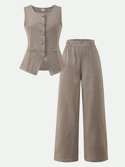 Girls' Sleeveless Waist-Cinching Vest and Wide-Leg Pants Set