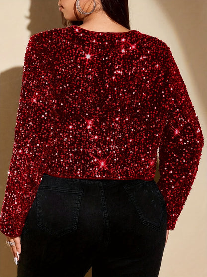 Plus Size, Plus Size Women's Elegant Sparkling Sequin Blazer Jacket with Double Bow Collar - Short Length Party Coat for New Year's Eve, Prom, Weddings - Red & Black Winter Outerwear (Hand Wash/Dry Clean)