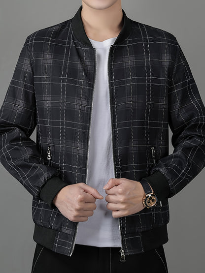 Men's Lightweight Baseball Jacket - Navy Blue & Black Plaid Zip-Up Coat, Non-Stretch Fabric for Formal & Casual Outfits - Spring/Fall Outerwear Jacket, Outdoor Wear, Classic Collar, Quality Stitching, Stylish Coat, Fashioncon