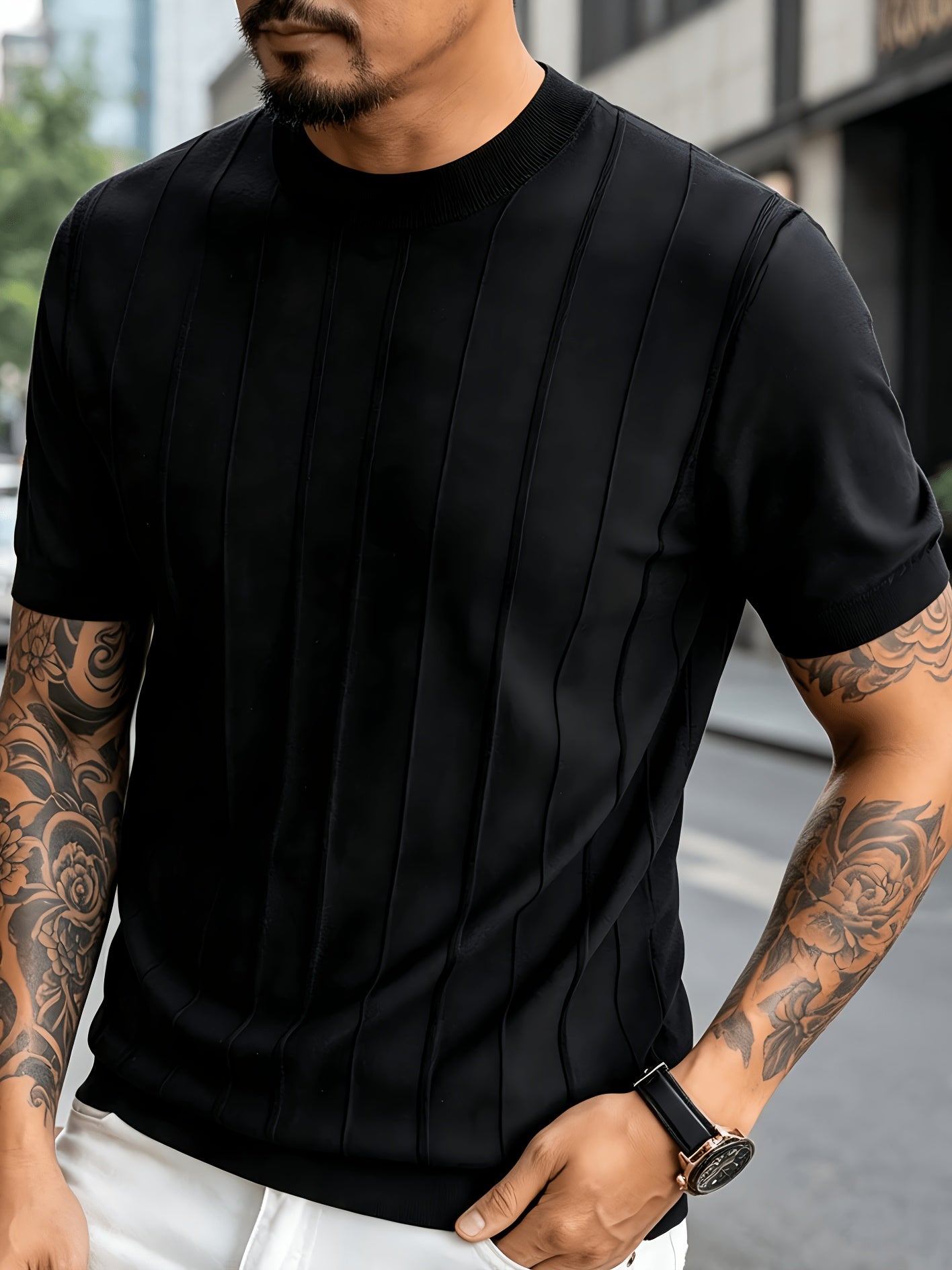 Men's Summer Slim Fit Rib Knit Crew Neck Short Sleeve Top
