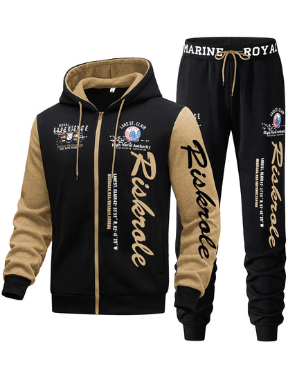 Men's Hooded Letter Print Tracksuit, 2pcs Casual Sports Set, Fashion Hoodie With Full-zip And Elastic-waist Pants, Regular Fit, Outdoor Cloth