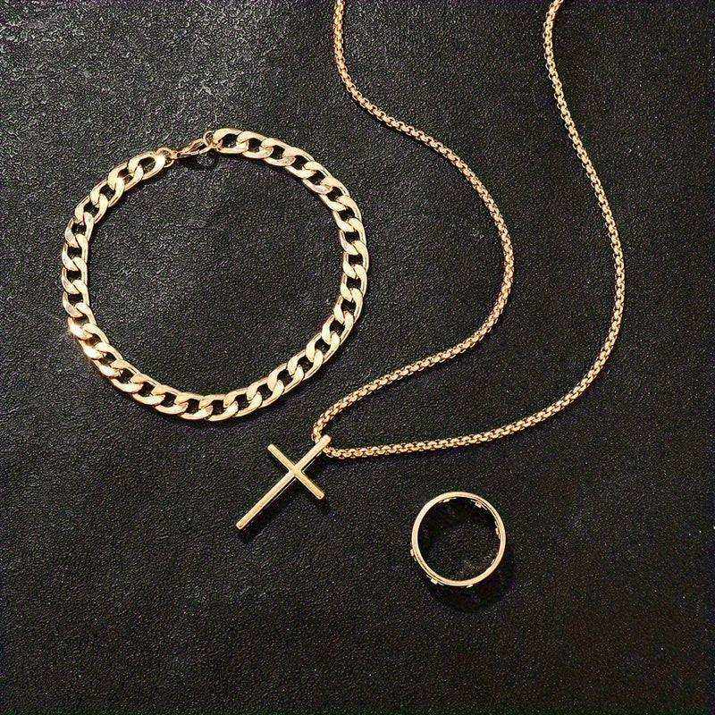 3pcs 's Fashion Jewelry Set: Hip Hop Bracelet, Necklace & Ring - Alloy Gift for Boyfriend/Husband, for Teenager