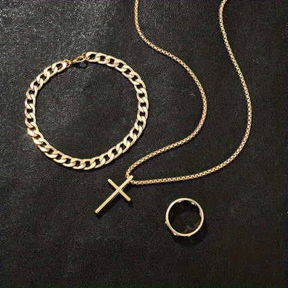 3pcs 's Fashion Jewelry Set: Hip Hop Bracelet, Necklace & Ring - Alloy Gift for Boyfriend/Husband, for Teenager