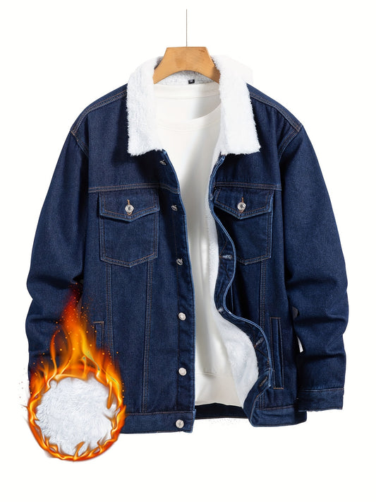 Men's Casual Warm Fleece Lined Denim Jacket, Chic Street Style Button Up Jacket for Fall Winter