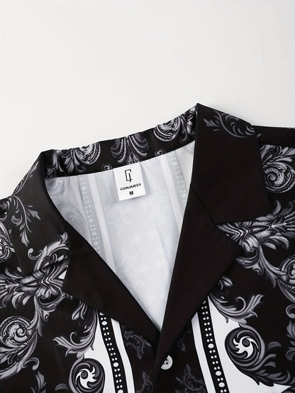 Men'S Suit with a Baroque Print Short-Sleeve Button-Up Shirt And Drawstring Side Pocket Shorts, Two-Piece Loungewear Set.