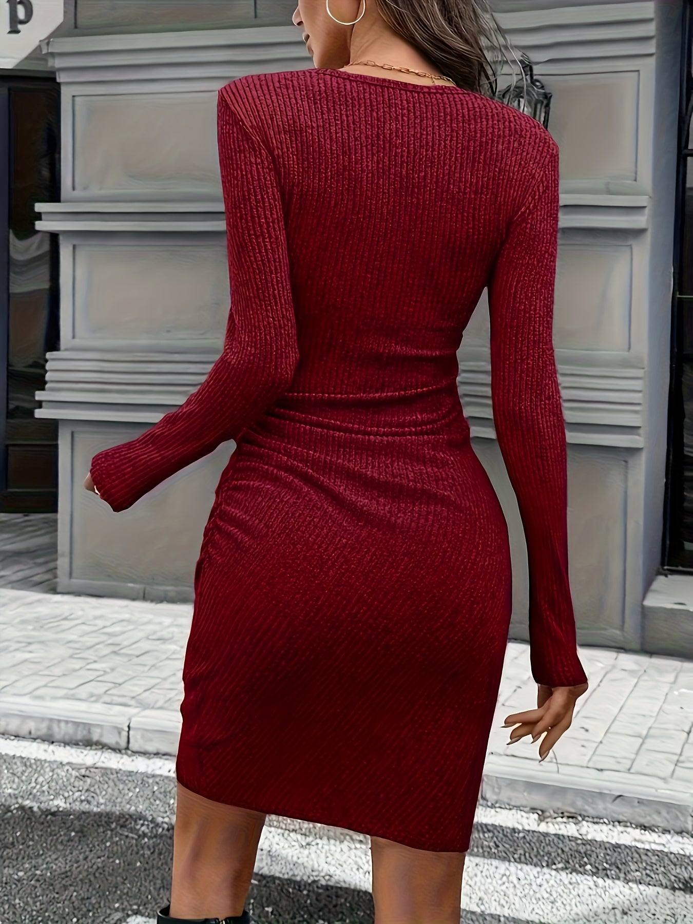 An Elegant Brushed Stretch Ribbed Dress for Women, Featuring an Asymmetrical Design, Perfect for Everyday Wear, Commuting, And Party Outfits.