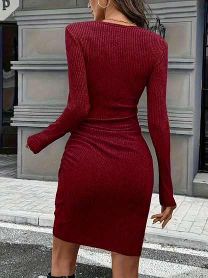 An Elegant Brushed Stretch Ribbed Dress for Women, Featuring an Asymmetrical Design, Perfect for Everyday Wear, Commuting, And Party Outfits.
