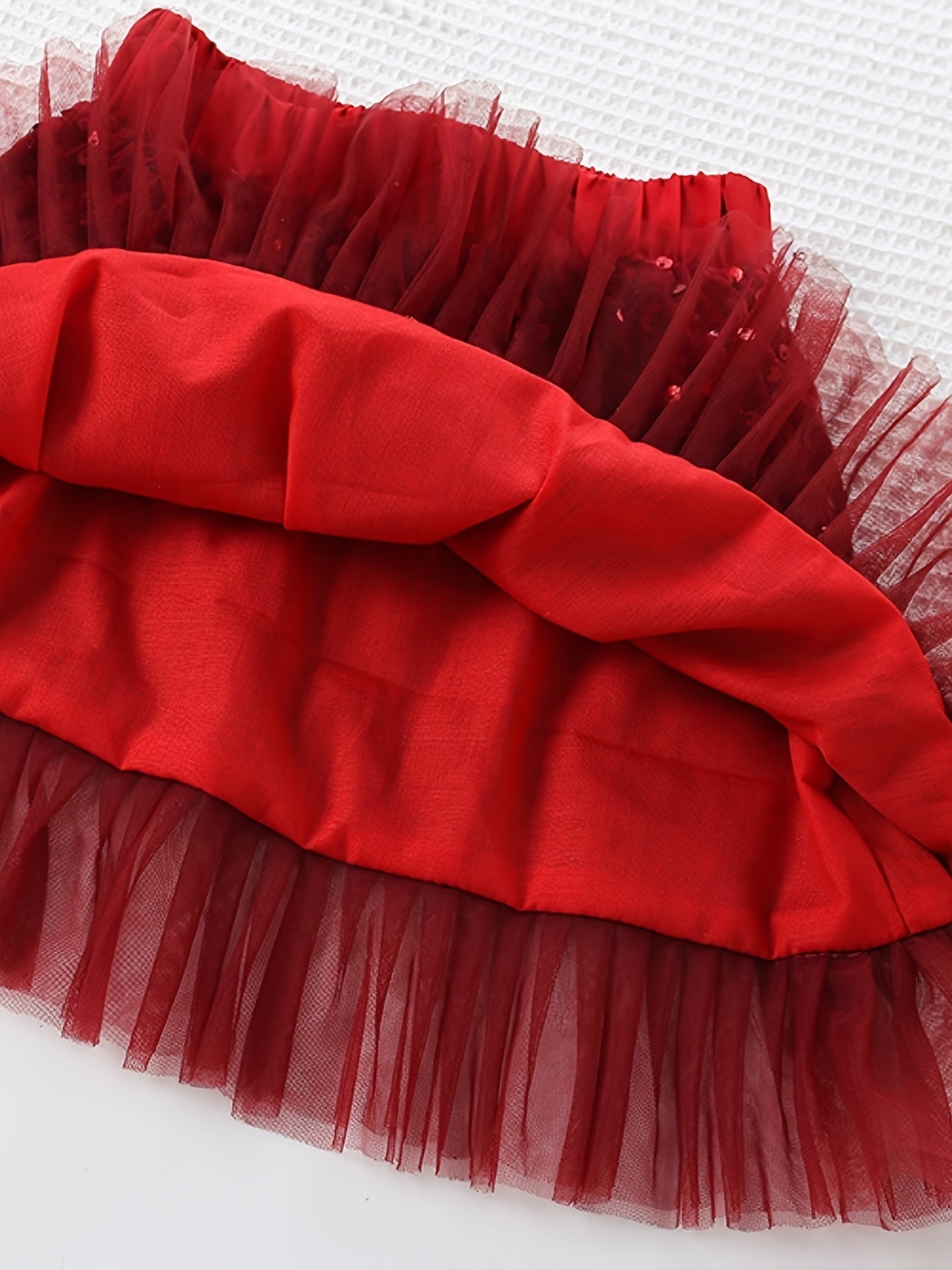 2pcs Girls' Elegant Sequin Trim Sweater & Sparkle Tulle Tutu Skirt Set - Red & Golden Glittery Party Outfit with Ruffled Hem, Long Sleeve Round Neck Top & Layered Tulle, Perfect For Halloween, Christmas, Photo Shoots, Pageant