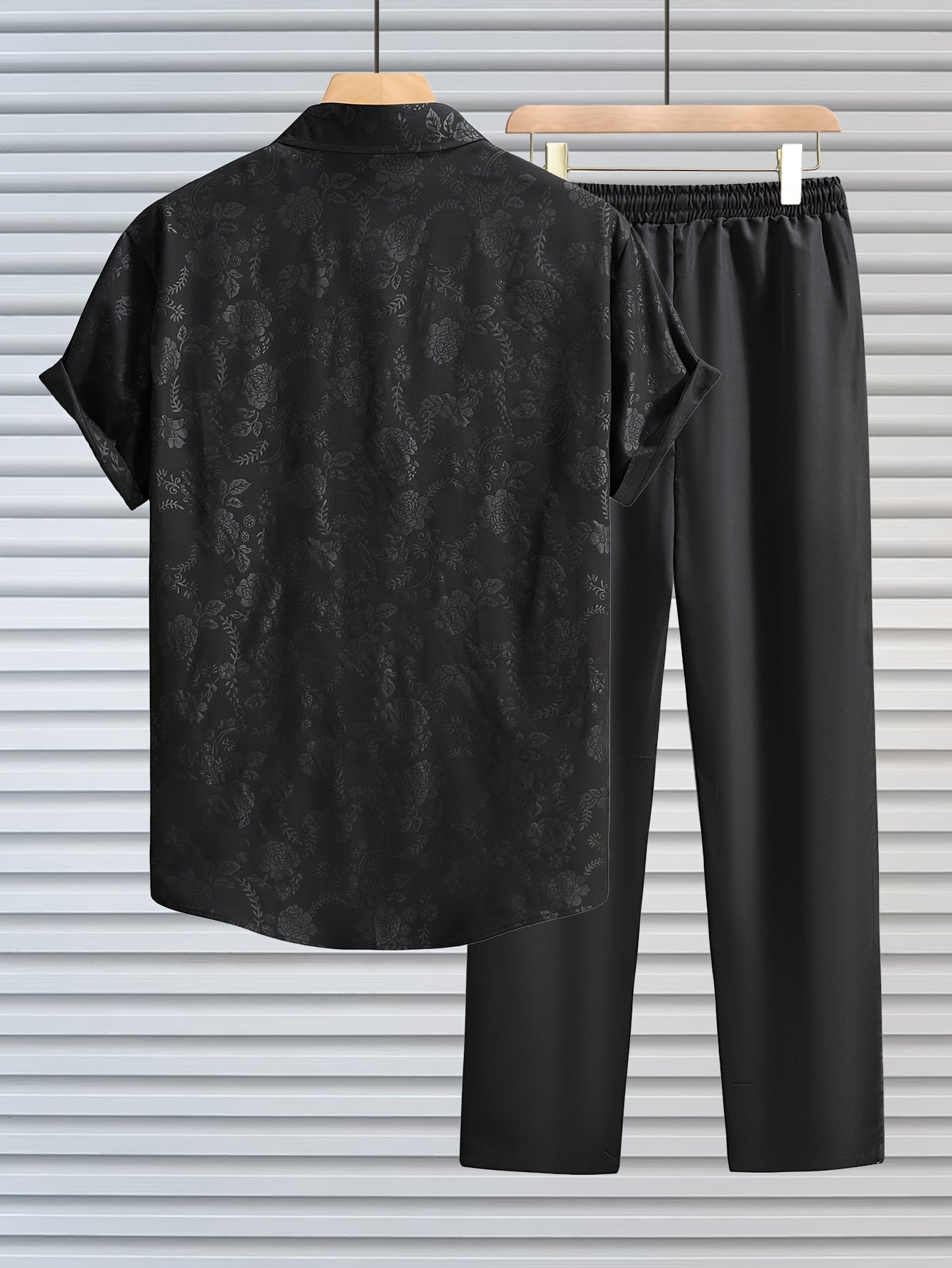 Men's Summer Floral Button-Up Shirt & Black Trousers Set