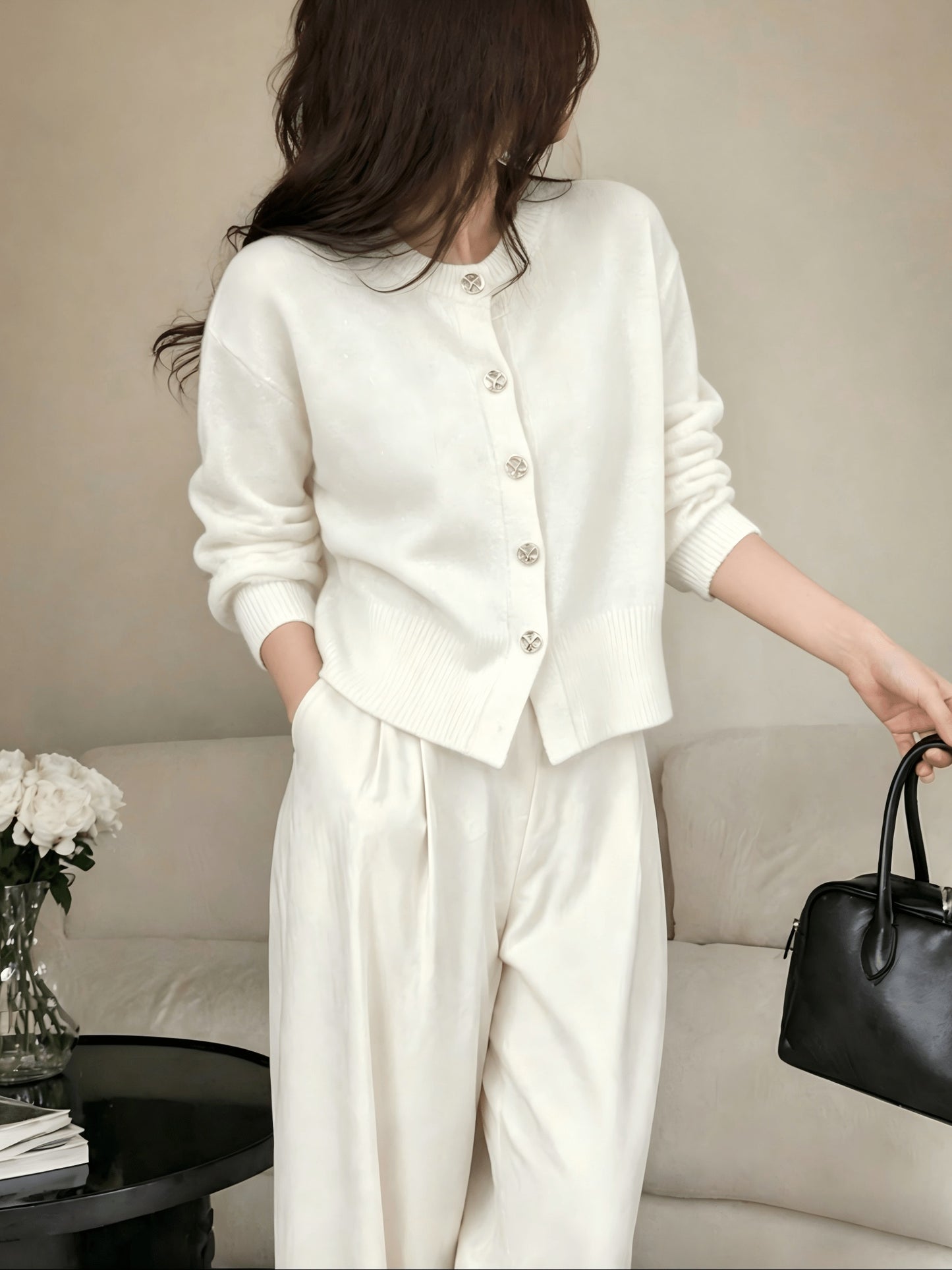 Women's Cozy Viscose Cardigan with Floral Button Detail