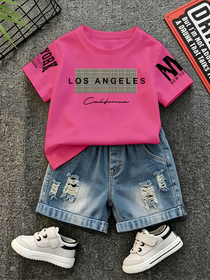 Summer Boys Los Angeles Print T-Shirt & Distressed Shorts Set