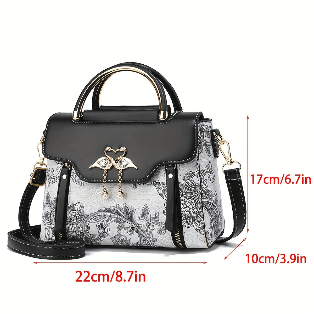 Elegant Floral Print Women'S Crossbody Bag with Magnetic Closure, Adjustable Strap, and Metal Swan Heart Charm, Synthetic Faux Leather Shoulder Purse with Polyester Lining and Painted Edges, Ladies Bag