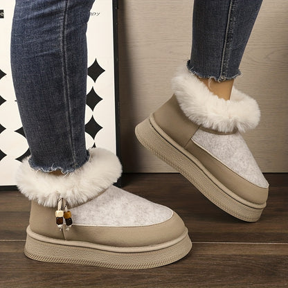Women's Chunky Platform Winter Snow Boots with Plush Faux -Like Collar & Thick Rubber Sole - Beige/Dark Grey Round-Toe Traction for Ice, Snow, Slush - Cozy Casual & Formal Wear (Golden Buckle Accent)