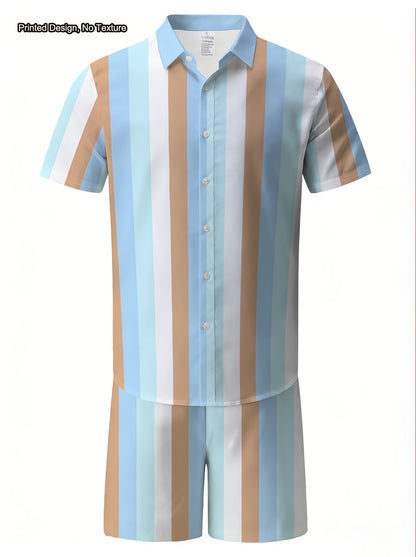 Men's Casual Summer Striped Short Sleeve Shirt & Shorts Set