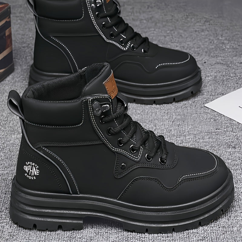 Men's Trendy Solid Ankle Boots, Comfy Non Slip Lace Up Durable Shoes for Men's Outdoor Activities