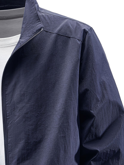 Men'S Olive Green Bomber Jacket with Stand Collar - Casual, Comfortable, Zip-Up Outerwear for Outdoor Activities, Casual Attire|Stand Collar Jacket|Zippered Jacket