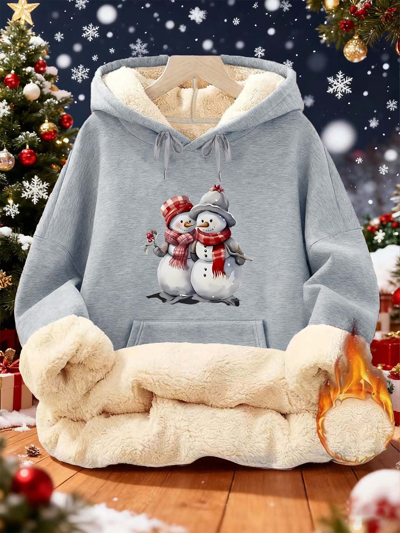 Women'S Winter Warmth Hooded Sweatshirt with Cute Snowman & Snowflake Print - Thick Fleece-Lined Long Sleeve Pullover, Cozy Casual Winter Sweater for Fall & Winter, Winter Sweatshirts, Seasonal Clothing, Playful Design, Soft
