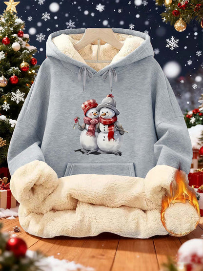 Women'S Winter Warmth Hooded Sweatshirt with Cute Snowman & Snowflake Print - Thick Fleece-Lined Long Sleeve Pullover, Cozy Casual Winter Sweater for Fall & Winter, Winter Sweatshirts, Seasonal Clothing, Playful Design, Soft