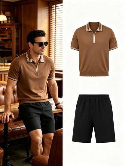 Men's Casual Striped Knit Polo & Lightweight Shorts Set