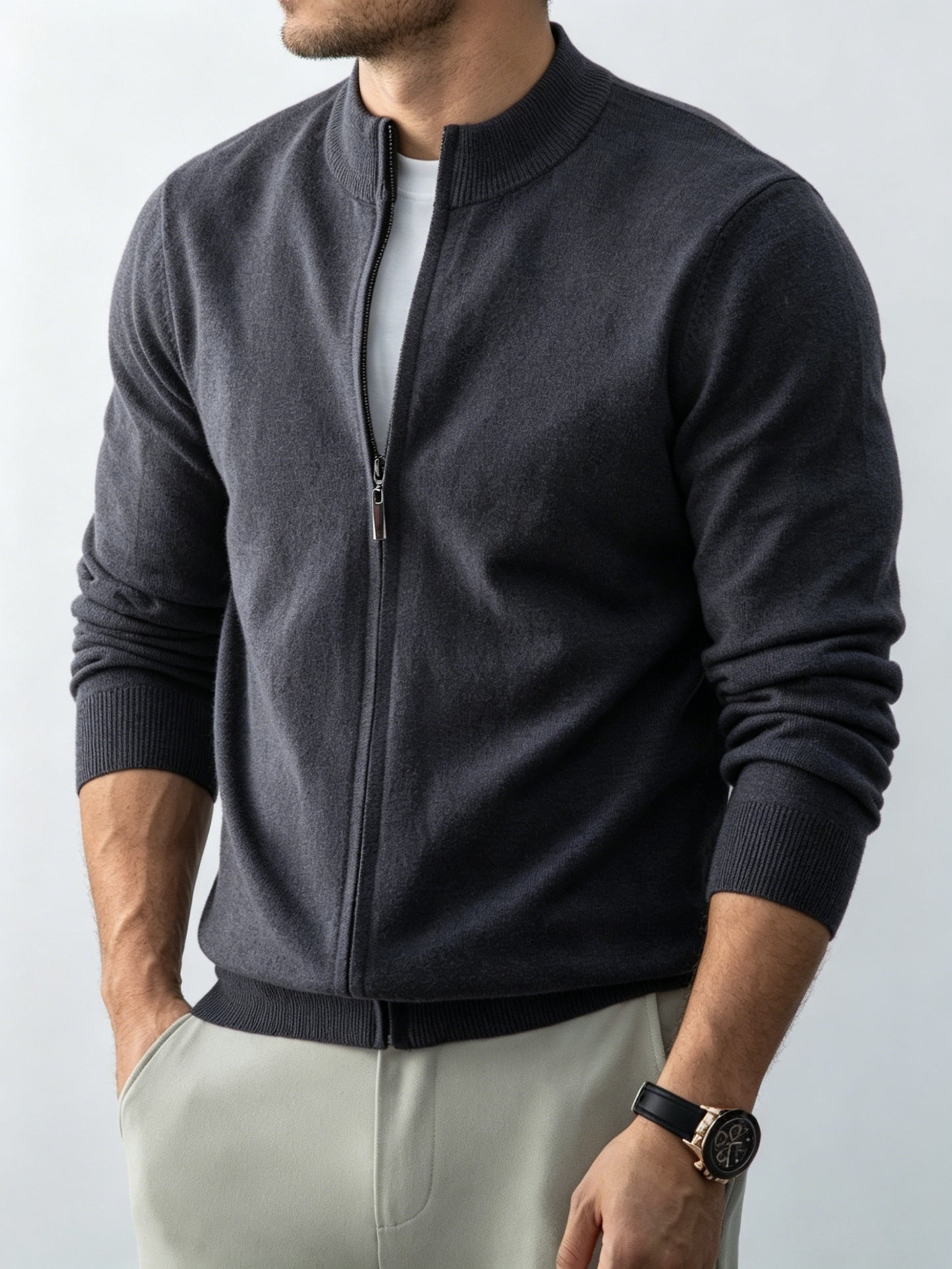 Men's Stand Collar Knit Cardigan Full-Zip Casual Fall Sweater