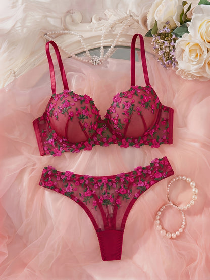 Women's Floral Embroidered Lingerie Set - Elegant Bra & Panties