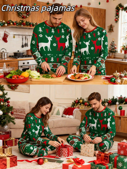 [MEN/WOMEN] Couple Style Christmas Pajamas Loungewear, New Year Gift Christmas Reindeer Print Top with Striped Pants, Long Sleeve Long Pants Pajama Set for Men or Women, Holiday Loungewear Set